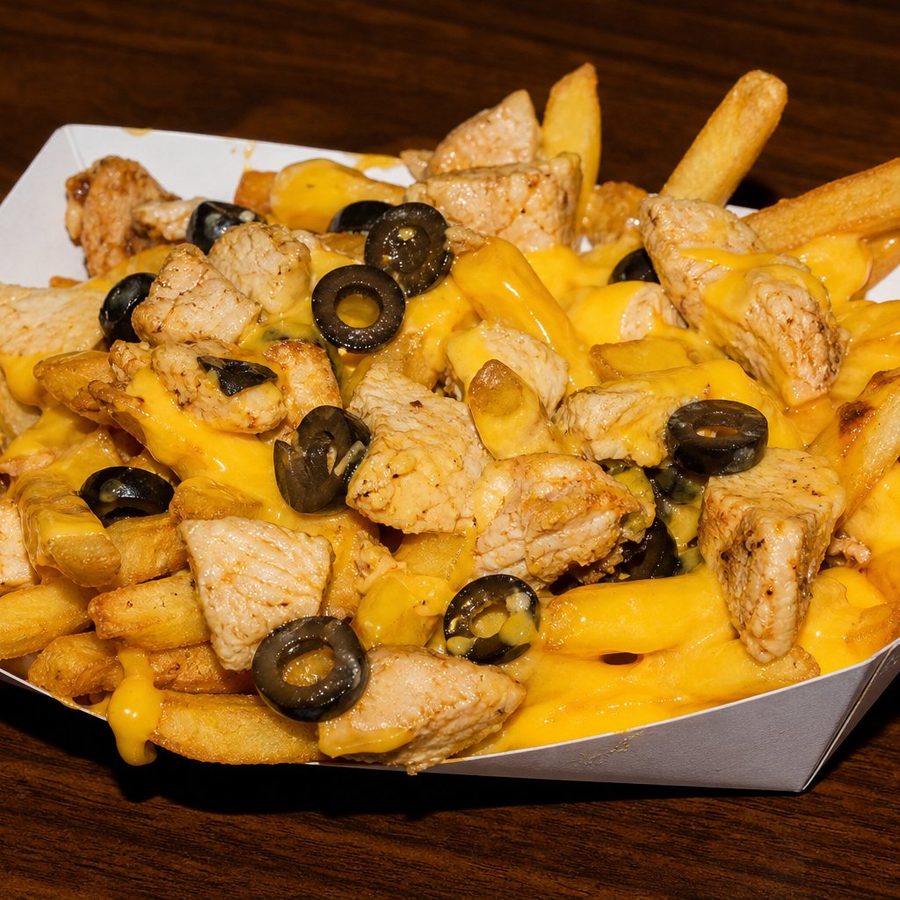 Loaded fries under cheese sauce with grilled chicken and black olives