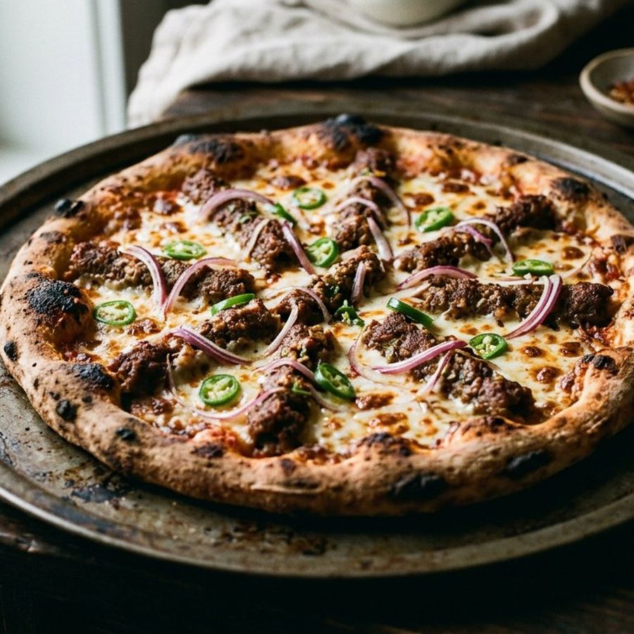 A behari kabab pizza with spiced beef strips and onion on melted cheese