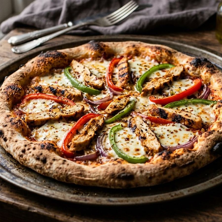 A chicken fajita pizza with capsicum strips and onion