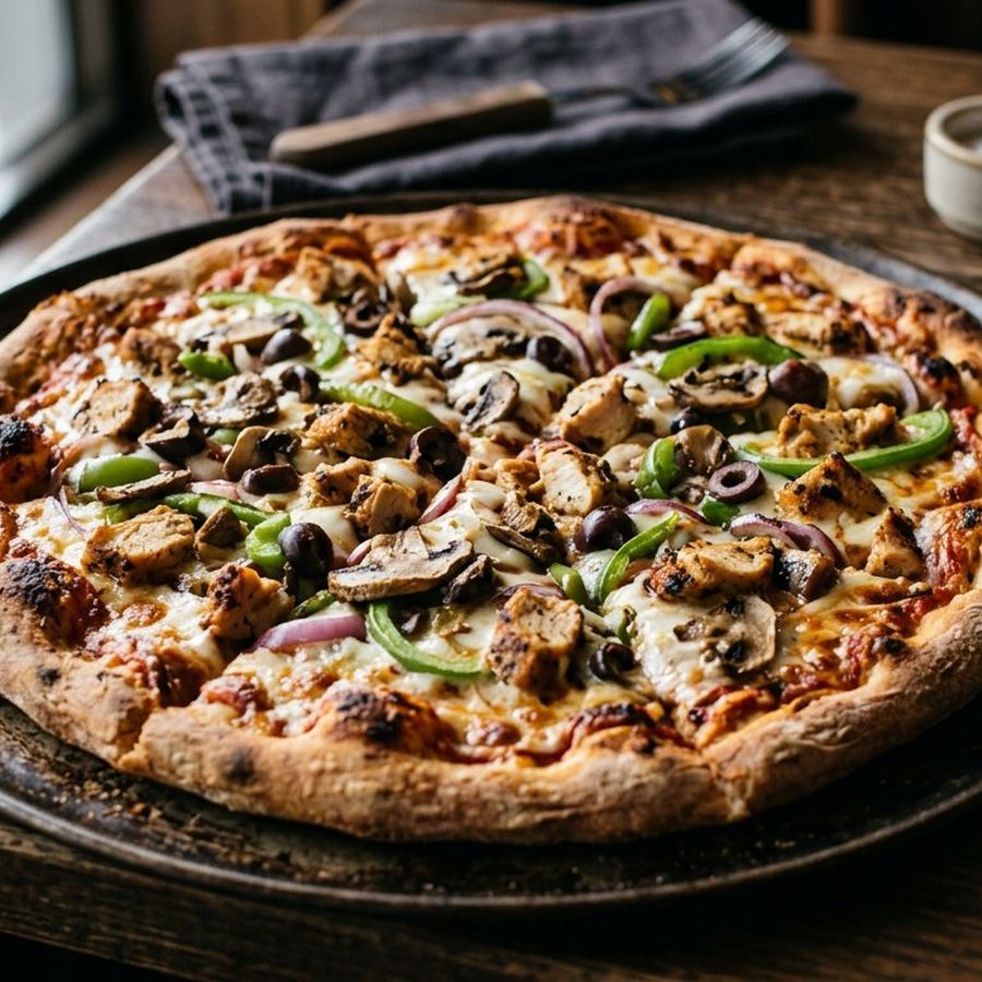 A chicken supreme pizza loaded with mushroom, olive, capsicum and onion