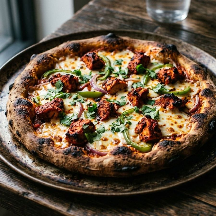 A chicken tikka pizza with red-spiced chicken, onion and coriander