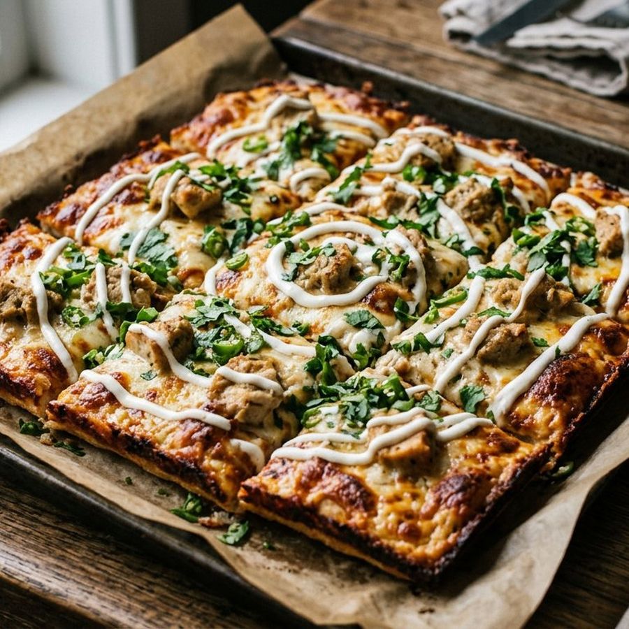 A square pan pizza with creamy mughlai chicken and a white sauce swirl