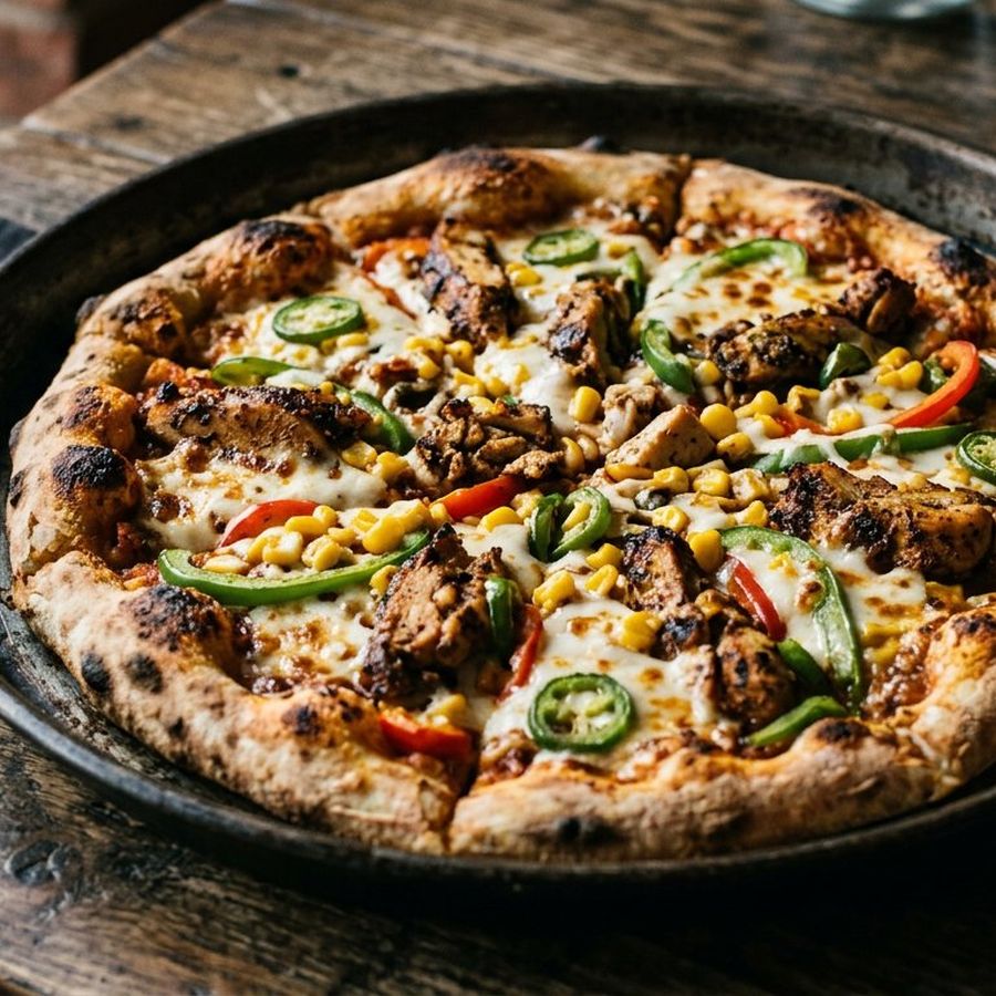 A Jamaican pizza with jerk-spiced chicken, sweetcorn and capsicum