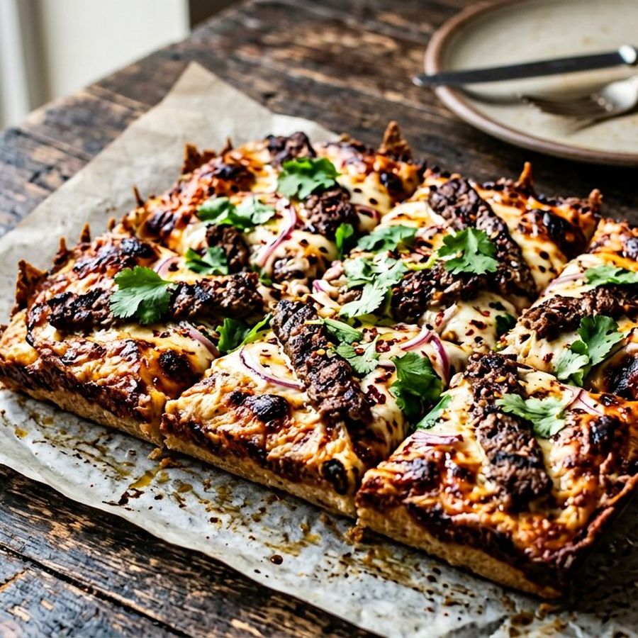 A square pan pizza topped with behari beef strips and red onion