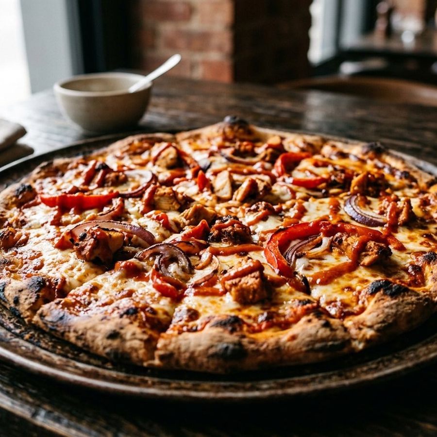 A peri peri chicken pizza with red sauce drizzle, capsicum and onion