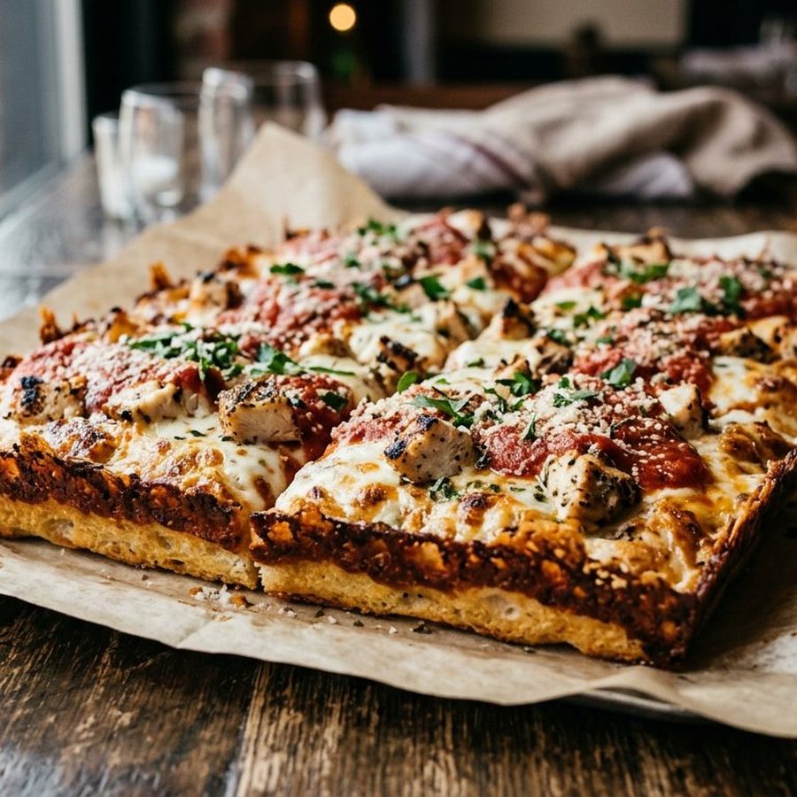 A thick square pan pizza with crisp caramelised cheese edges