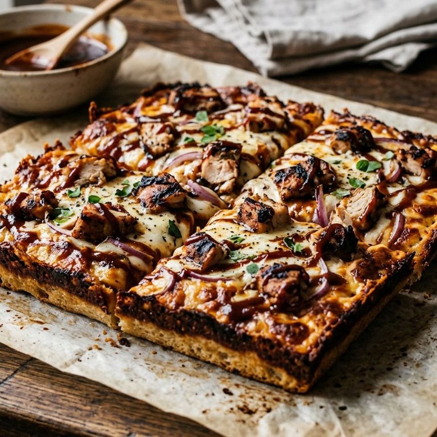 A square pan pizza with smoky barbecue chicken and a dark sauce drizzle