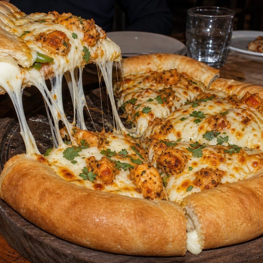A Royal Crust pizza with a stuffed cheese rim, a slice lifted on a long cheese pull