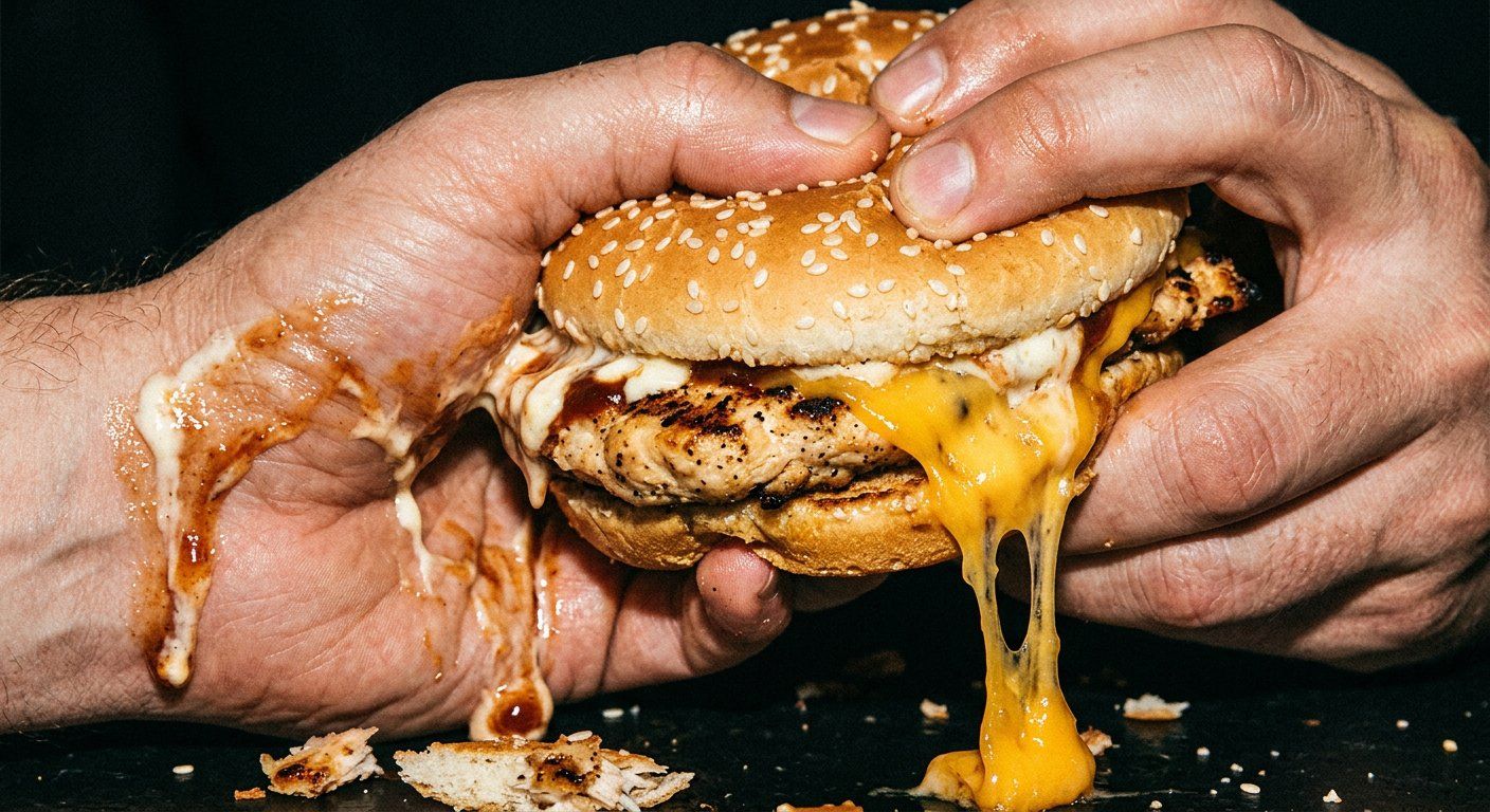 Hands squeezing a loaded burger, sauce and cheese dripping