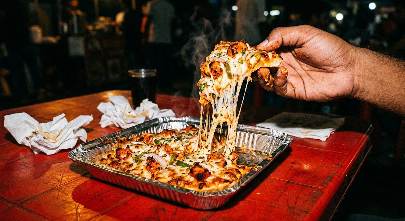 A hand lifting a cheesy slice from a square-cut Love Bites pizza on a dark tray