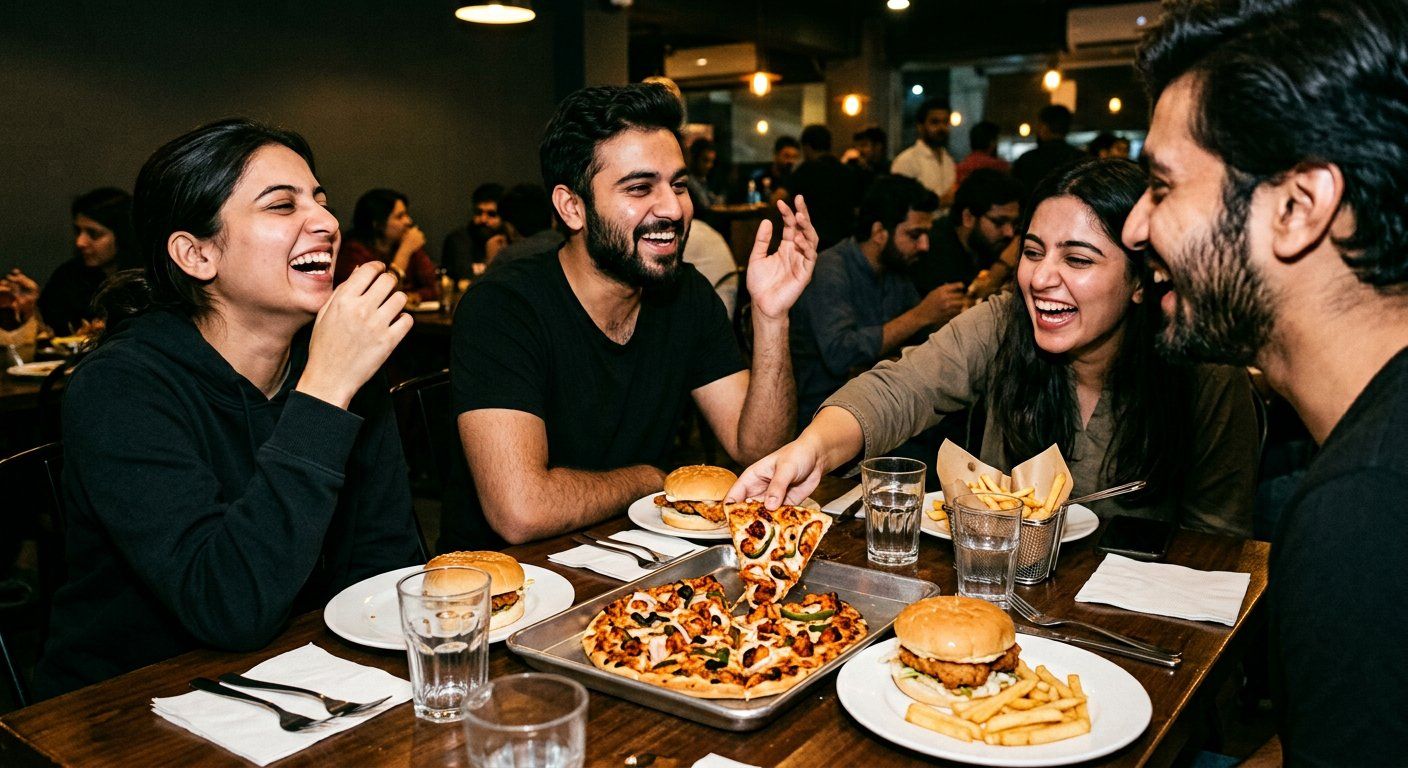 Friends laughing around a full table at Love Bites