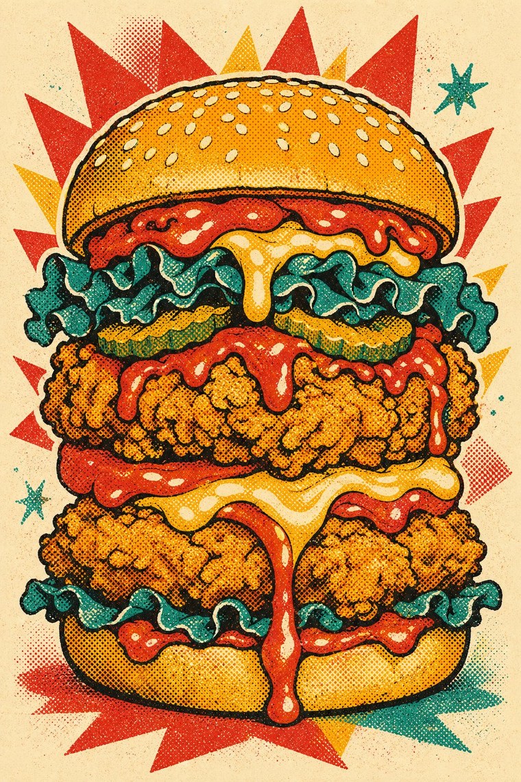 Screen-printed illustration of a towering crispy chicken burger with dripping sauce, mustard and teal on cream
