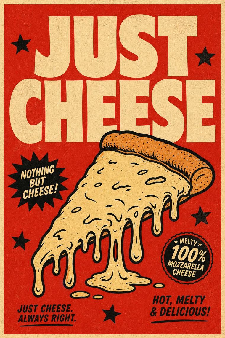 Red Love Bites poster reading Just Cheese with an illustrated slice pulling melted mozzarella and a hundred percent mozzarella seal