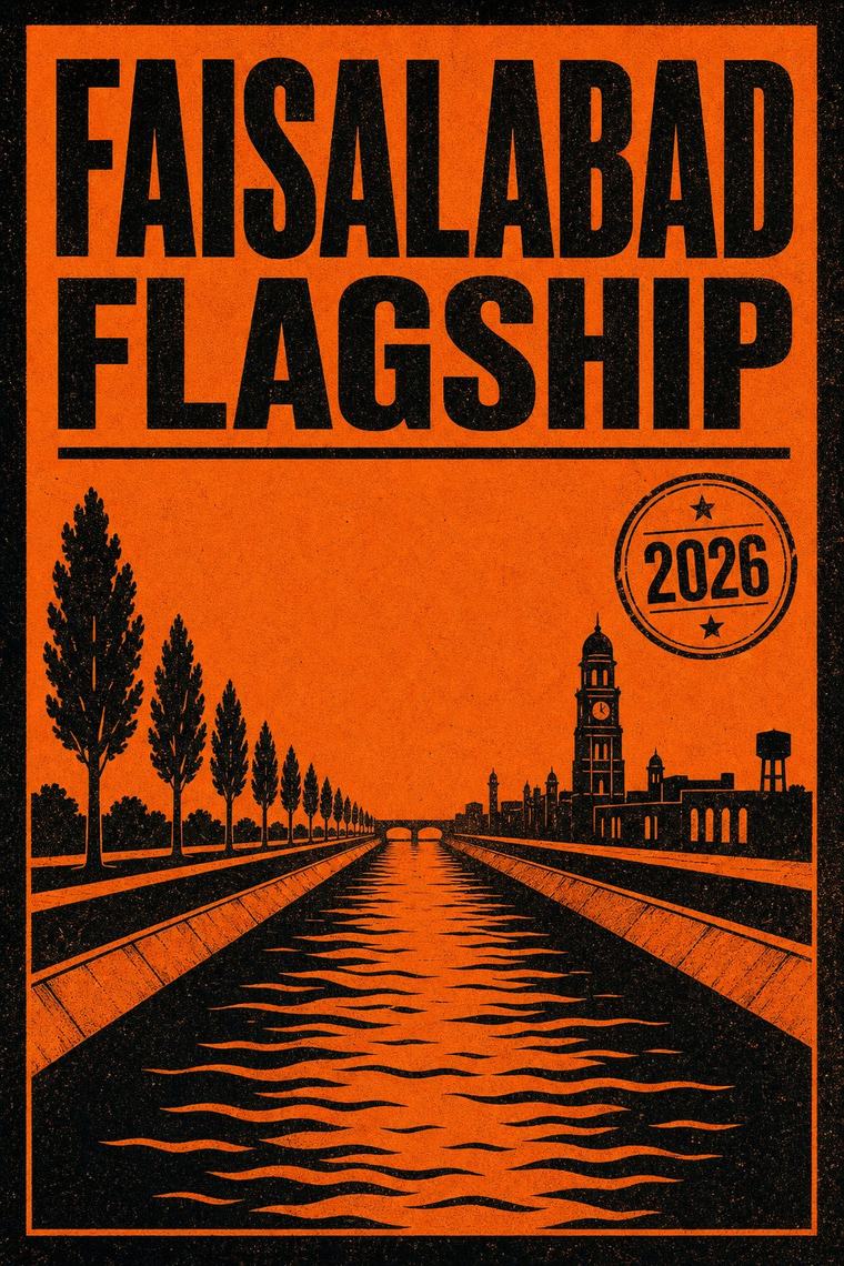 Orange Love Bites poster reading Faisalabad Flagship with line art of the canal and the clock tower and a 2026 stamp