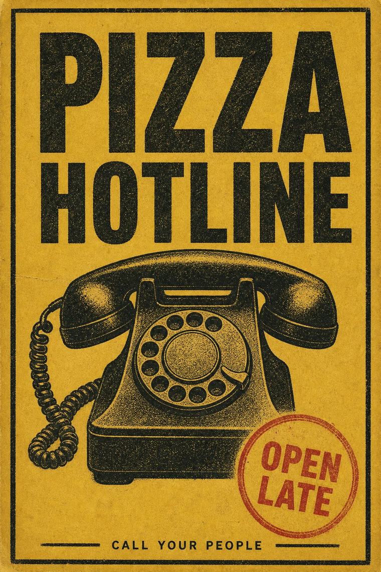 Mustard Love Bites poster reading Pizza Hotline with a drawn rotary telephone, an Open Late stamp and the line Call Your People