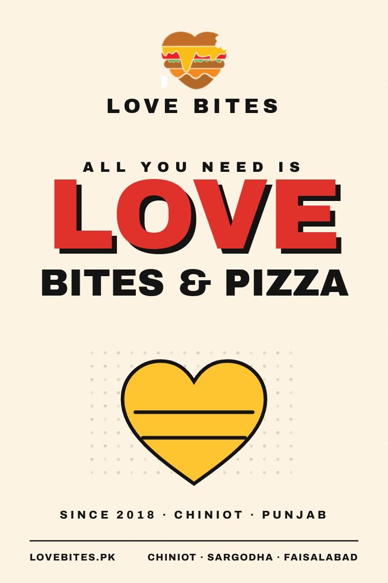 Cream Love Bites poster with a giant tomato LOVE, the line All You Need Is Love Bites and Pizza, and the official heart-burger mark in cheese yellow