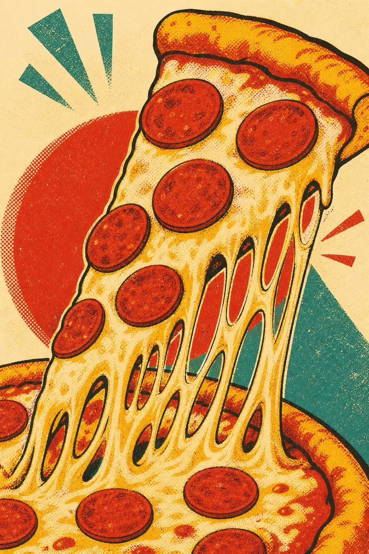 Screen-printed illustration of a giant pizza slice with a long mozzarella cheese pull, tomato red and teal on cream